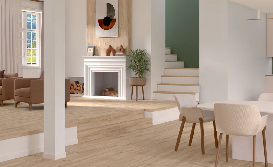 A room with wood-effect tiles