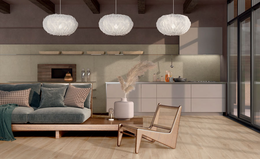 A beautiful living room with wood-effect tiles