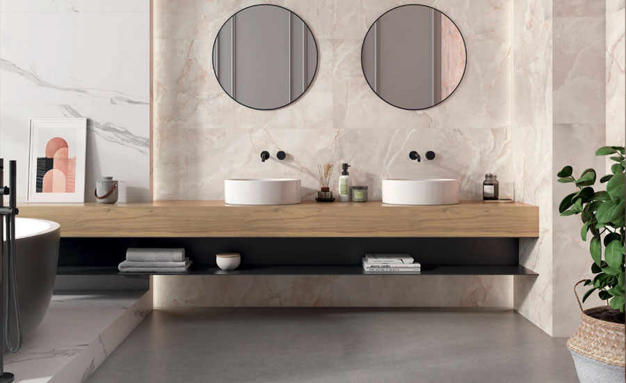A bathroom with wood-effect ceramic tiles