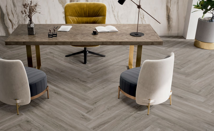 An office with wood-effect tiles
