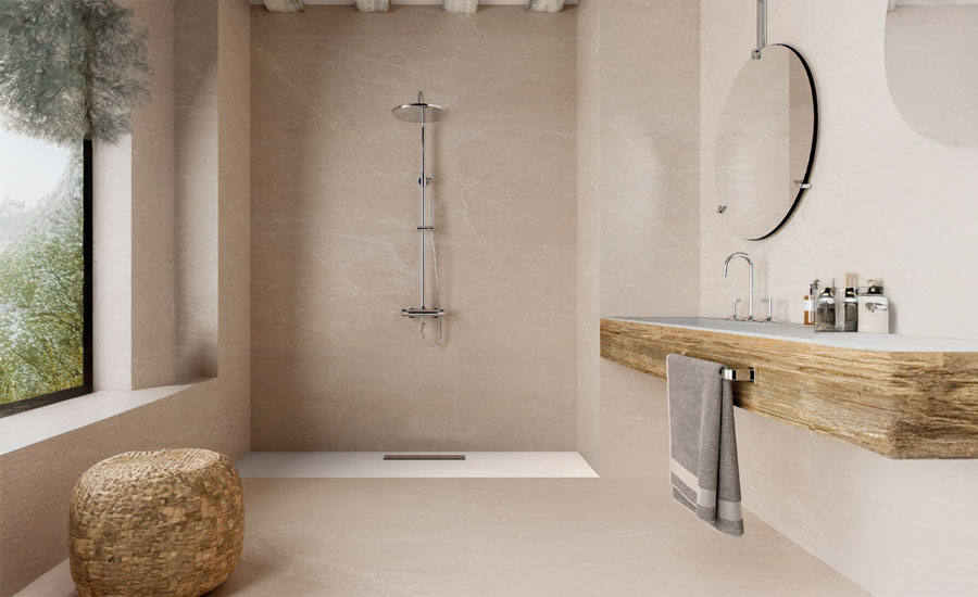 A minimalist style bathroom with beige tiles