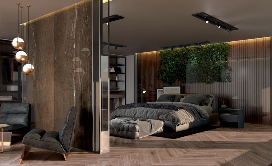 A bedroom with wood-effect ceramic tiles