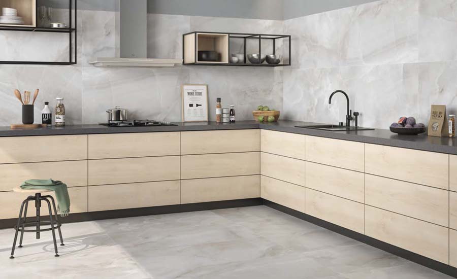 A kitchen with ceramic tiles