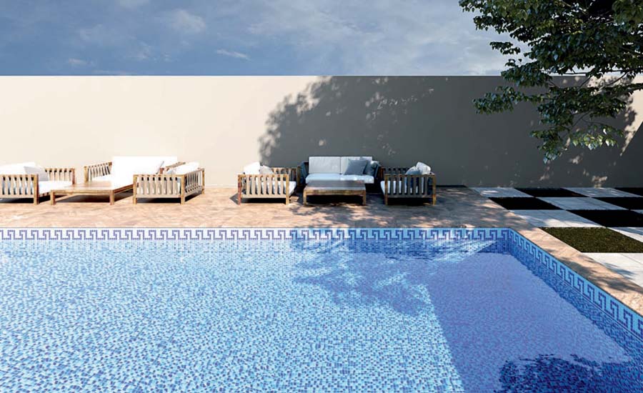 A swimming pool surrounded by ceramic tiles