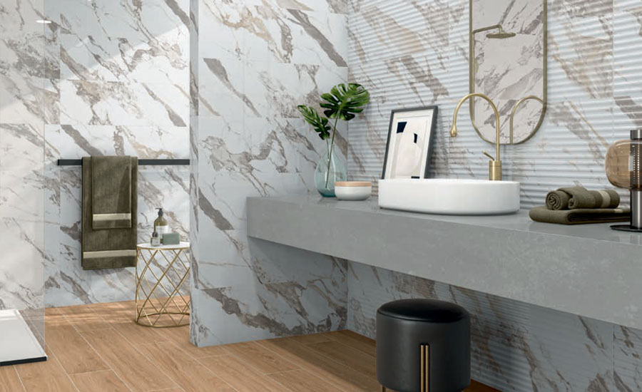 Stylish bathroom featuring eco-friendly ceramic tiles made from recycled materials.