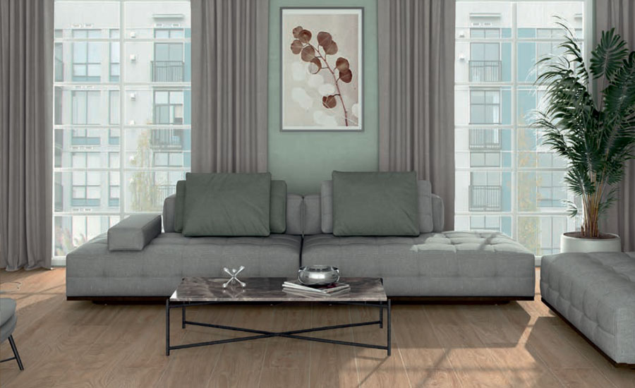 Wood-effect ceramic tiles in a cozy living room
