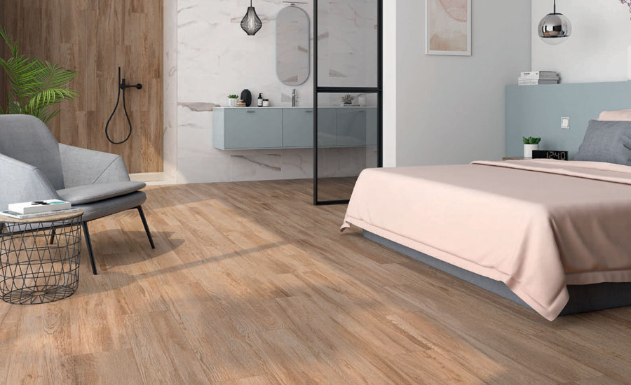 A bedroom with a tile floor in a large-scale project