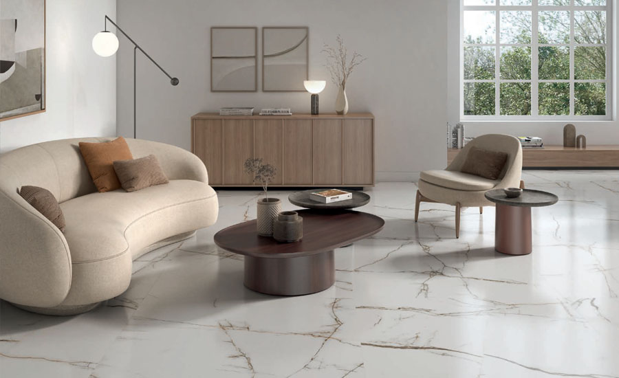 A living room with marble-effect ceramic tiles