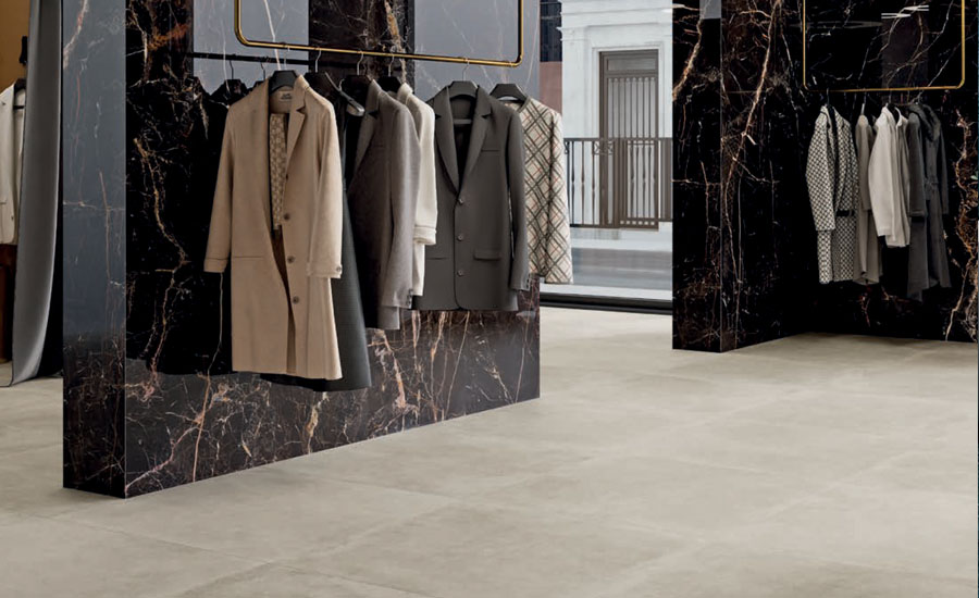 A boutique for clothes with beautiful tiles on the floor