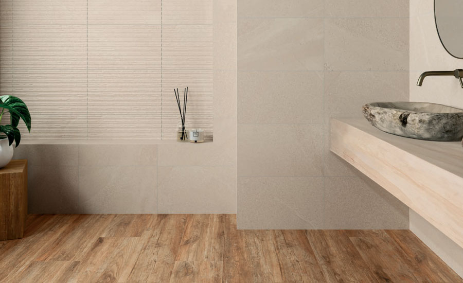 A bathroom with beautiful ceramic flooring
