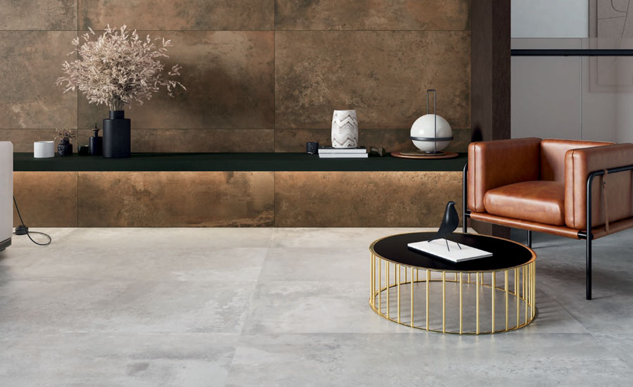 A living room with beautiful beige tiles