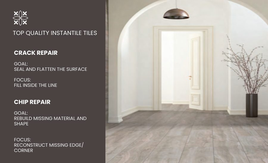 The process of repairing a cracked and chipped tile is similar but has a different goal and focus